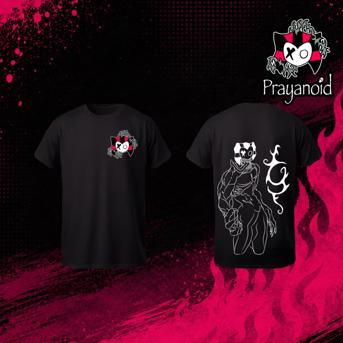 Camiseta negra Prayanoid con el emblema al pecho y una ilustración de bufón enmascarado a la espalda