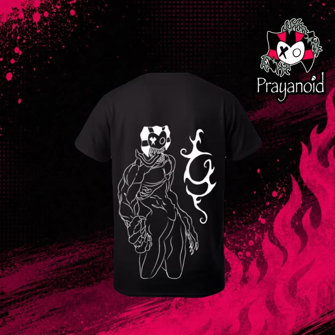 Camiseta negra Prayanoid con ilustración de bufón enmascarado a la espalda (espalda)