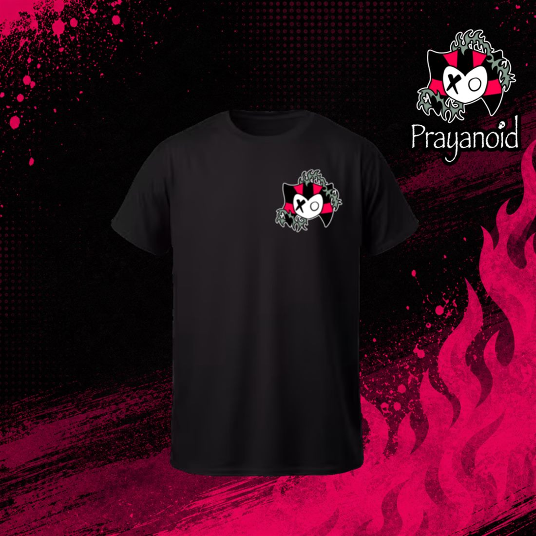 Camiseta negra Prayanoid con el emblema al pecho (frente)